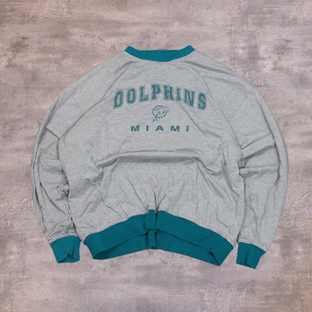 Vintage 90's Miami Dolphin Double Sided Heather Grey Teal Crewneck Sweater